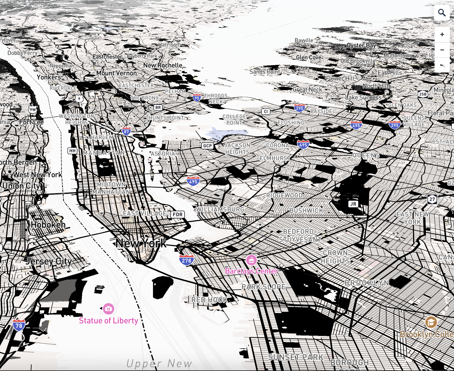 Black-White Line Art New York Metropolitan Area: High-contrast visual style enhanced for Road & Transit Network and Light preset.